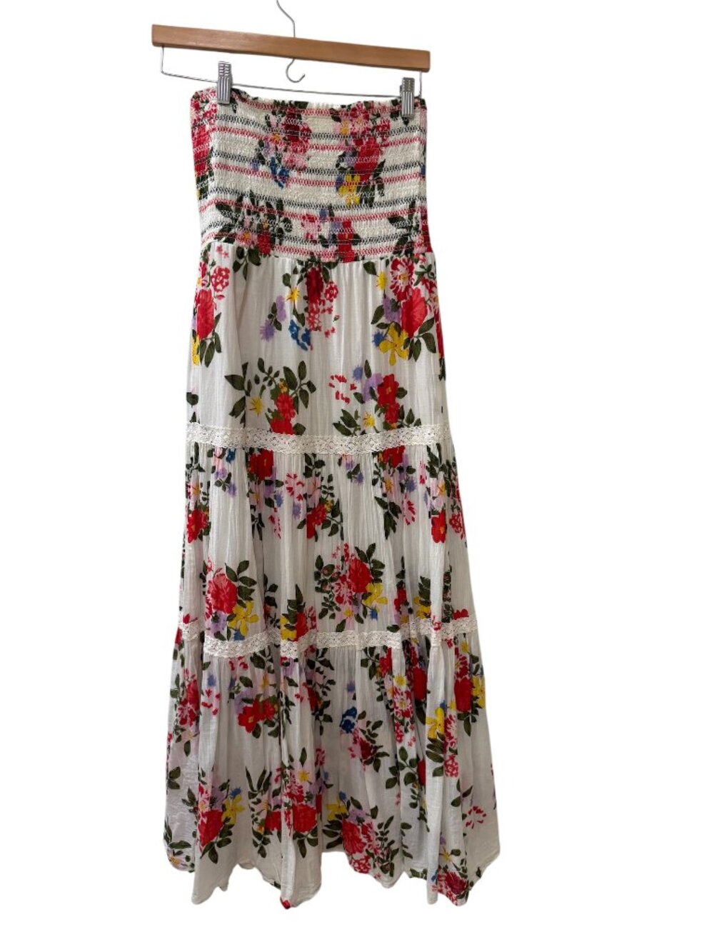 Floral Smocked Strapless Cotton Maxi Dress Boho Cottagecore, Size Small